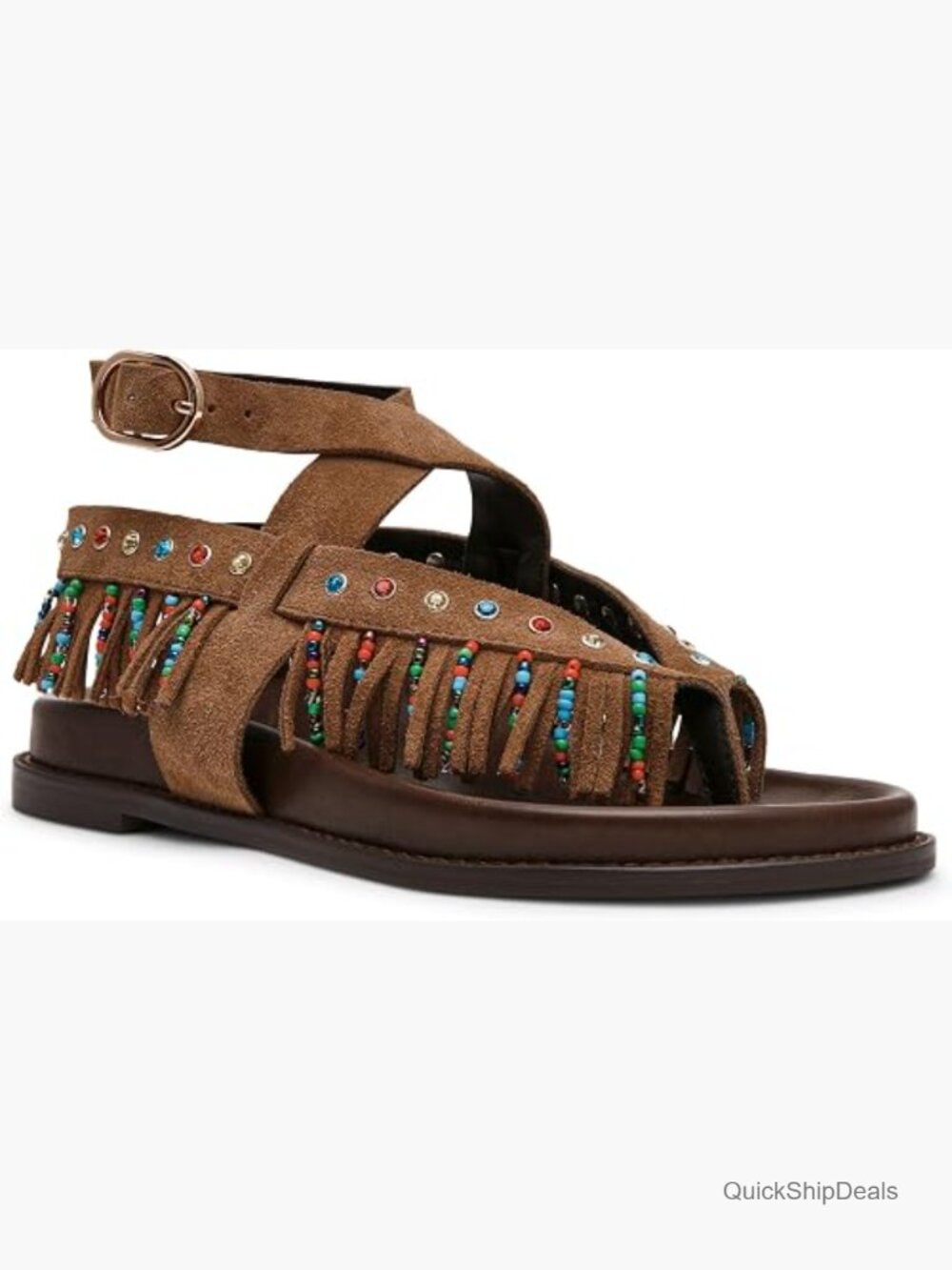 Womens Suede Rhinestone Beaded Flat Sandals Fringe Detail Buckle Closure